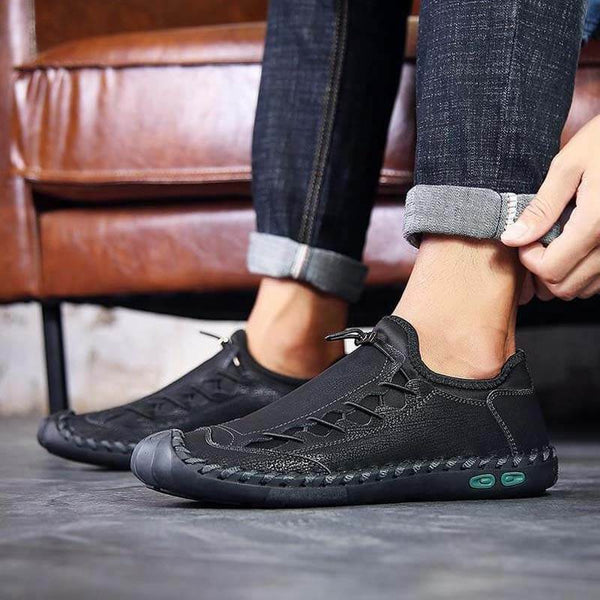 Kaegreel Hombres cosidas a mano cuero sin deslizamiento Anti-colision gran tamaño zapatos casuales