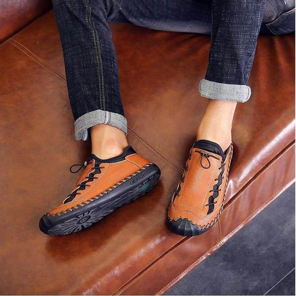 Kaegreel Hombres cosidas a mano cuero sin deslizamiento Anti-colision gran tamaño zapatos casuales