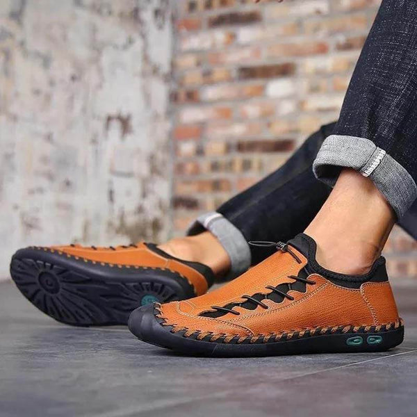 Kaegreel Hombres cosidas a mano cuero sin deslizamiento Anti-colision gran tamaño zapatos casuales