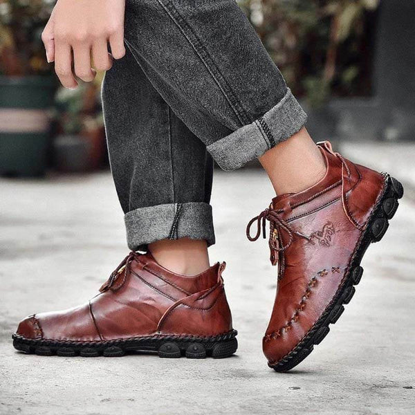 Kaegreel Hombre Costura de la mano Cuero de vaca No Slight Soft Sole Botas casuales