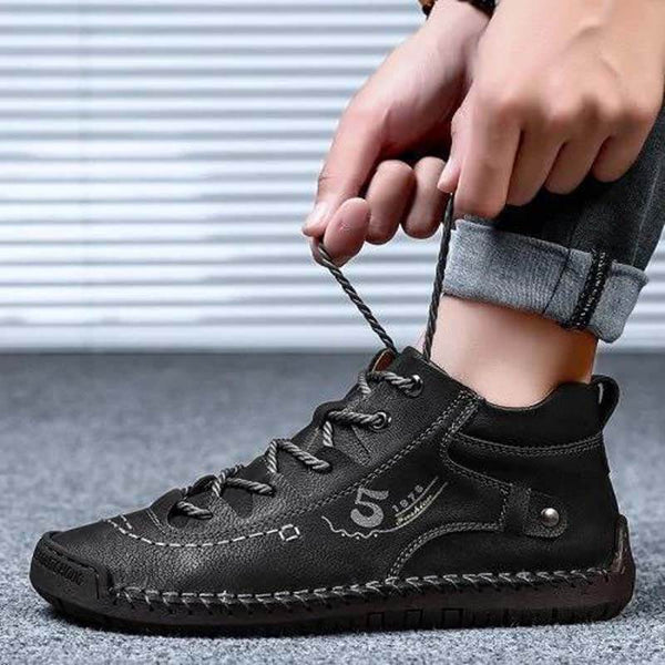 Kaegreel Hombre Costura a mano Vintage Microfibra Cuero de Cuero UP Cómoda Botas de tobillo suave