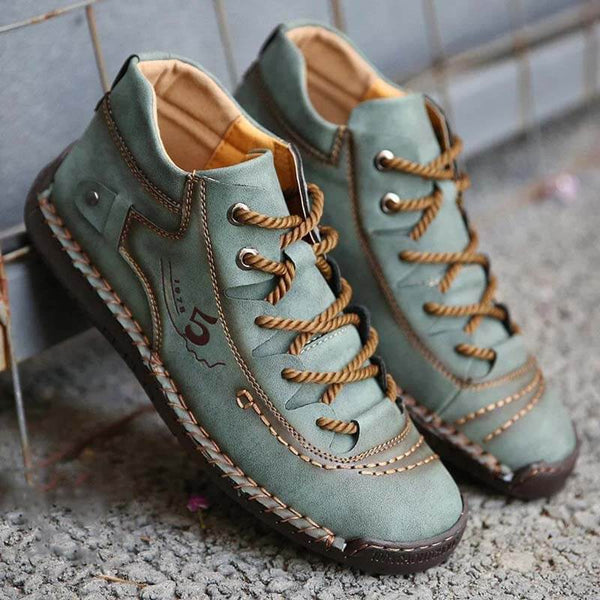 Kaegreel Hombre Costura a mano Vintage Microfibra Cuero de Cuero UP Cómoda Botas de tobillo suave