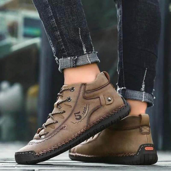 Kaegreel Hombre Costura a mano Vintage Microfibra Cuero de Cuero UP Cómoda Botas de tobillo suave