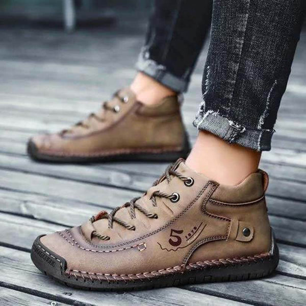 Kaegreel Hombre Costura a mano Vintage Microfibra Cuero de Cuero UP Cómoda Botas de tobillo suave