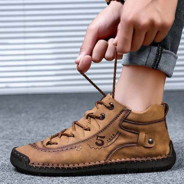 Kaegreel Hombre Costura a mano Vintage Microfibra Cuero de Cuero UP Cómoda Botas de tobillo suave