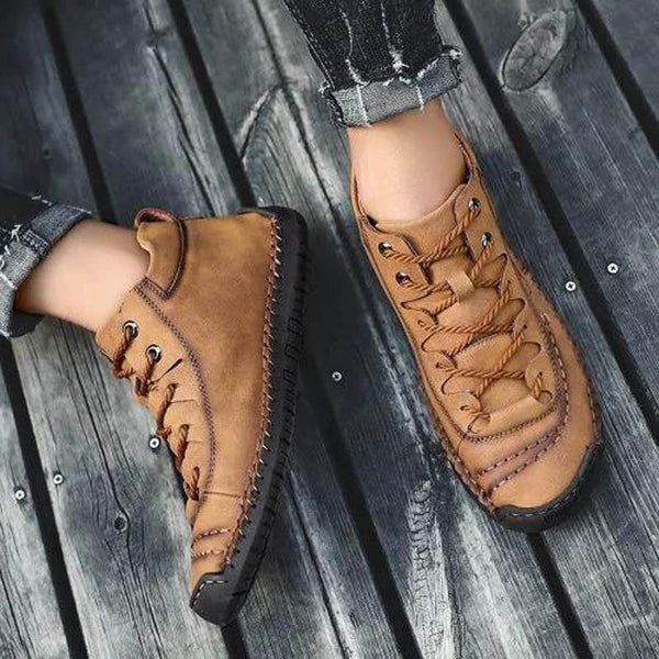 Kaegreel Hombre Costura a mano Vintage Microfibra Cuero de Cuero UP Cómoda Botas de tobillo suave