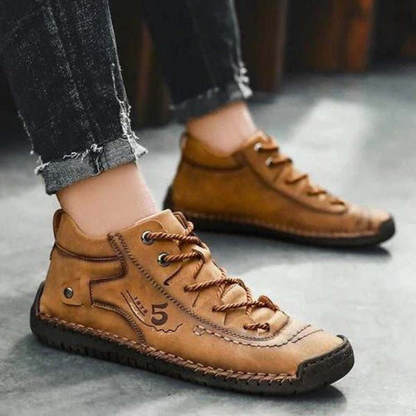 Kaegreel Hombre Costura a mano Vintage Microfibra Cuero de Cuero UP Cómoda Botas de tobillo suave
