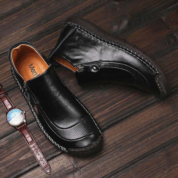Zapatos de cuero para hombres hechos a mano con cremallera lateral cosida con botas suaves y suaves
