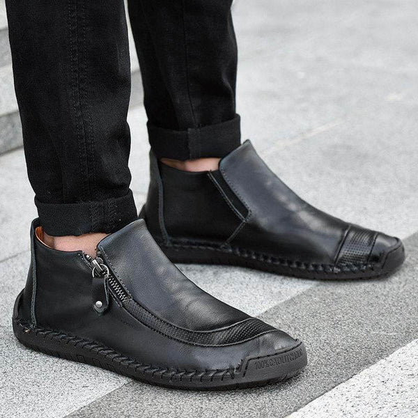 Zapatos de cuero para hombres hechos a mano con cremallera lateral cosida con botas suaves y suaves