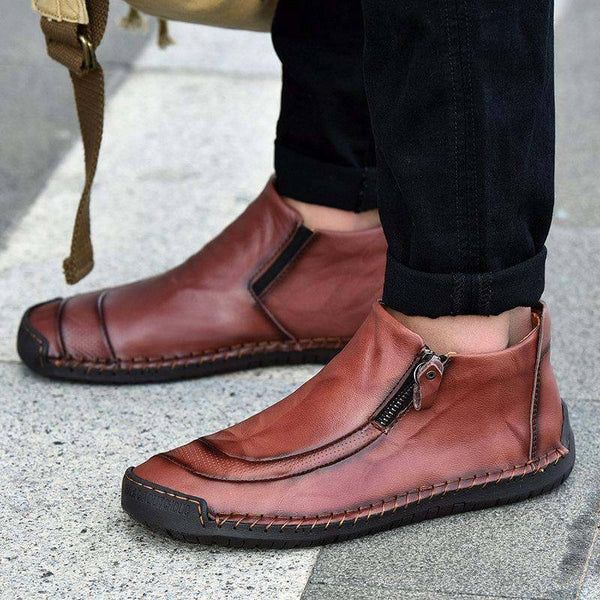 Zapatos de cuero para hombres hechos a mano con cremallera lateral cosida con botas suaves y suaves
