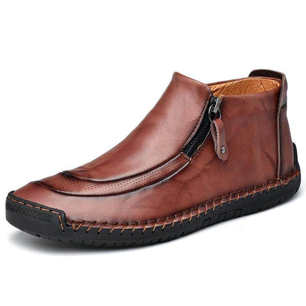 Zapatos de cuero para hombres hechos a mano con cremallera lateral cosida con botas suaves y suaves