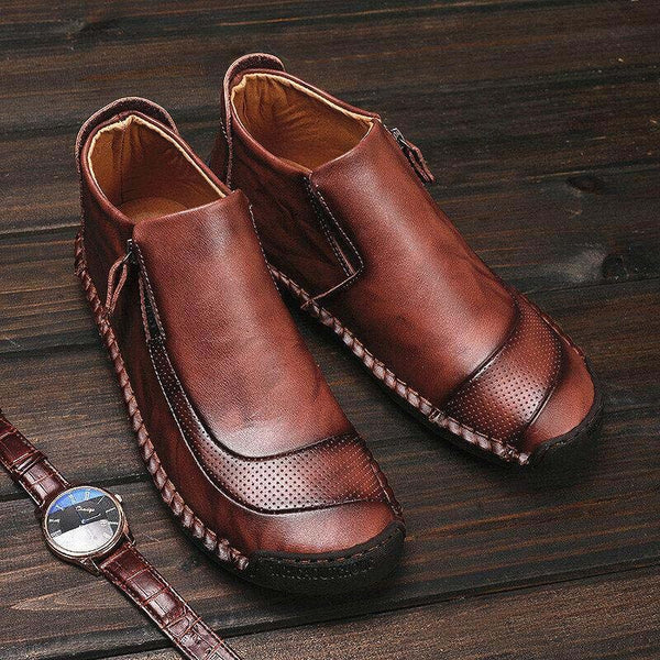 Zapatos de cuero para hombres hechos a mano con cremallera lateral cosida con botas suaves y suaves
