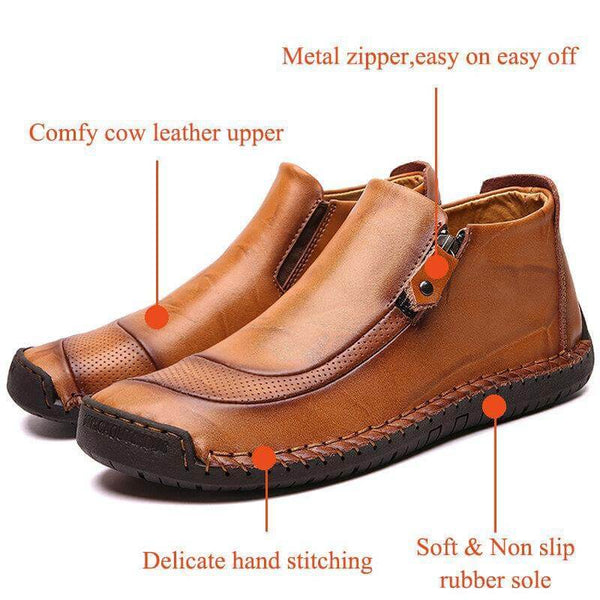 Zapatos de cuero para hombres hechos a mano con cremallera lateral cosida con botas suaves y suaves