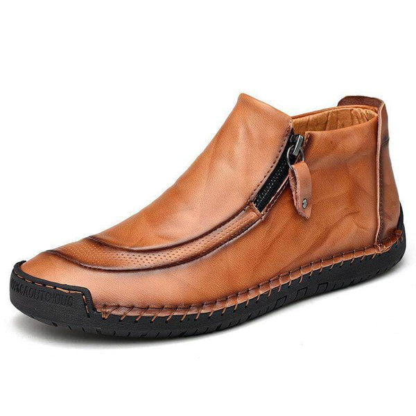 Zapatos de cuero para hombres hechos a mano con cremallera lateral cosida con botas suaves y suaves