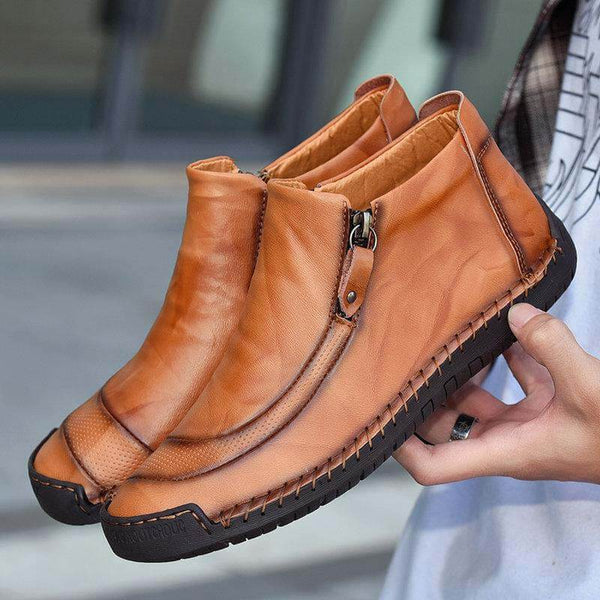 Zapatos de cuero para hombres hechos a mano con cremallera lateral cosida con botas suaves y suaves