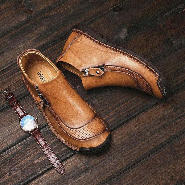 Zapatos de cuero para hombres hechos a mano con cremallera lateral cosida con botas suaves y suaves