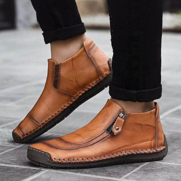 Zapatos de cuero para hombres hechos a mano con cremallera lateral cosida con botas suaves y suaves