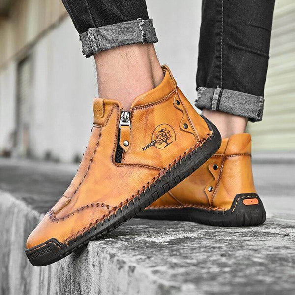 Botas de tobillo elegantes para hombres hechas a mano de cuero de microfibra con zapatos de cremallera lateral