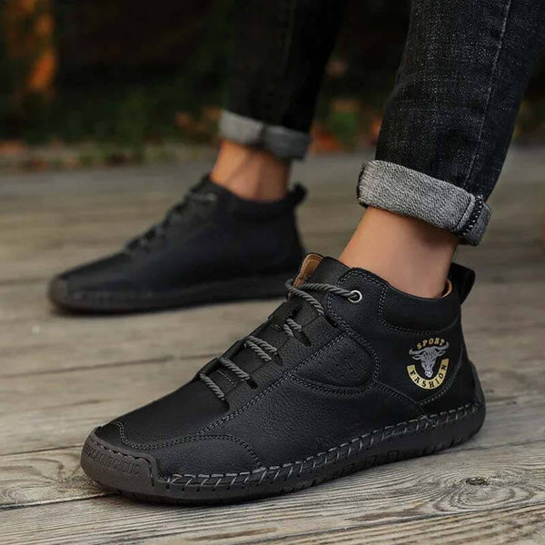 Zapatos de cuero cosidas hechas a mano para hombres Botas de tobillo informales sin deslizamiento de suela suave
