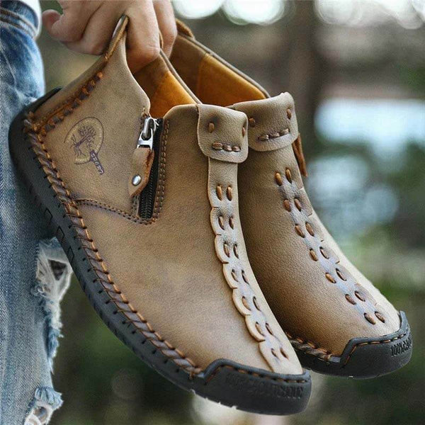 Kaegreel Hombre Costura a la mano Cuero antideslizante Side Side Zipper Botas casuales