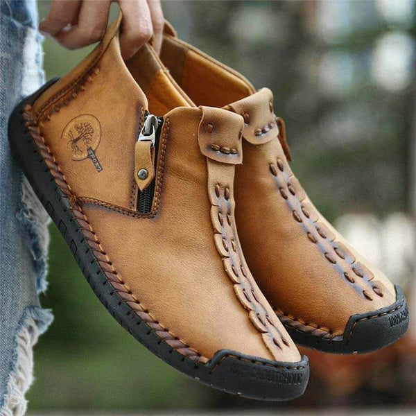 Kaegreel Hombre Costura a la mano Cuero antideslizante Side Side Zipper Botas casuales
