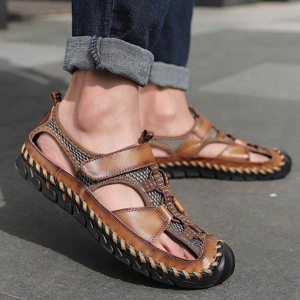 Kaegreel Men's Closed Toe Hand Stitching Outdoor Non Slip Dress Leather Sandals