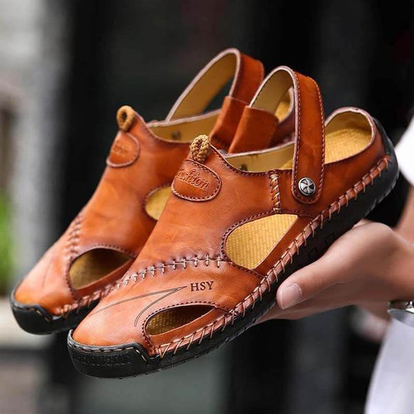 Kaegreel Hombre Mano de verano Puntotear Soft Outdoor Cerrado Toe Cuero Sandalias Sandalias Zapatillas
