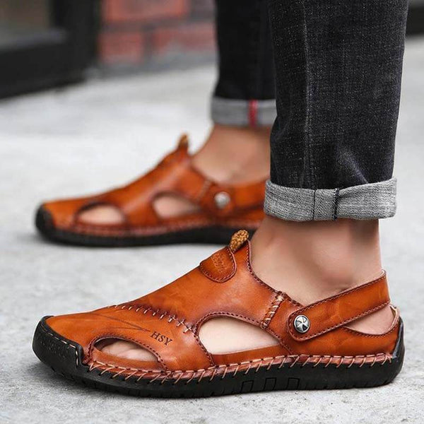 Kaegreel Hombre Mano de verano Puntotear Soft Outdoor Cerrado Toe Cuero Sandalias Sandalias Zapatillas