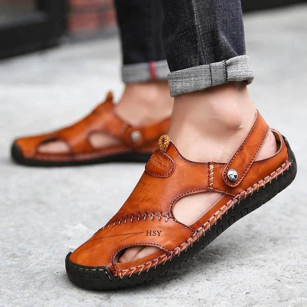 Kaegreel Hombre Mano de verano Puntotear Soft Outdoor Cerrado Toe Cuero Sandalias Sandalias Zapatillas