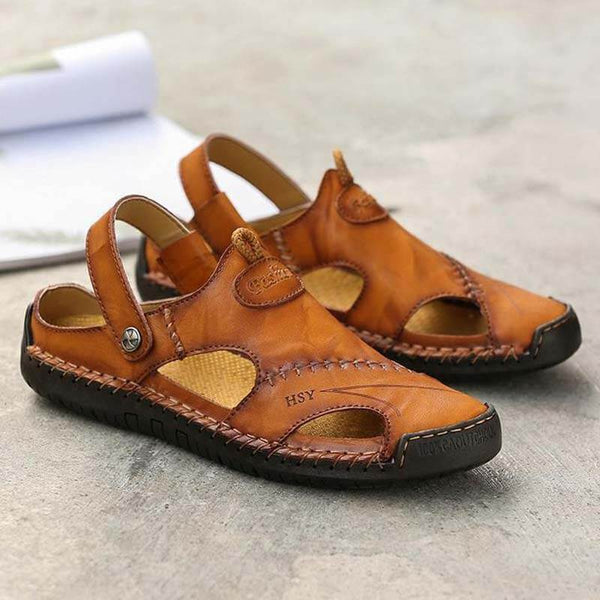Kaegreel Hombre Mano de verano Puntotear Soft Outdoor Cerrado Toe Cuero Sandalias Sandalias Zapatillas