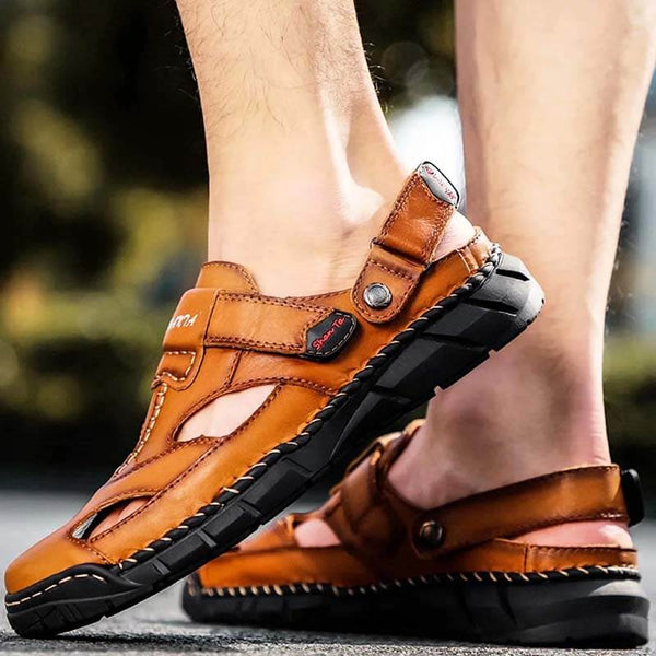 Kaegreel Men's Genuine Leather Non Slip Hand Stitching Soft Sole Casual Sandals