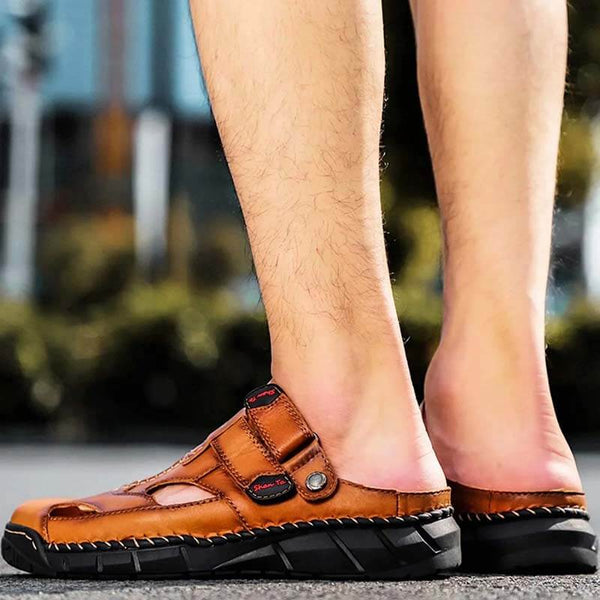 Kaegreel Men's Genuine Leather Non Slip Hand Stitching Soft Sole Casual Sandals