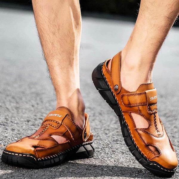 Kaegreel Men's Genuine Leather Non Slip Hand Stitching Soft Sole Casual Sandals