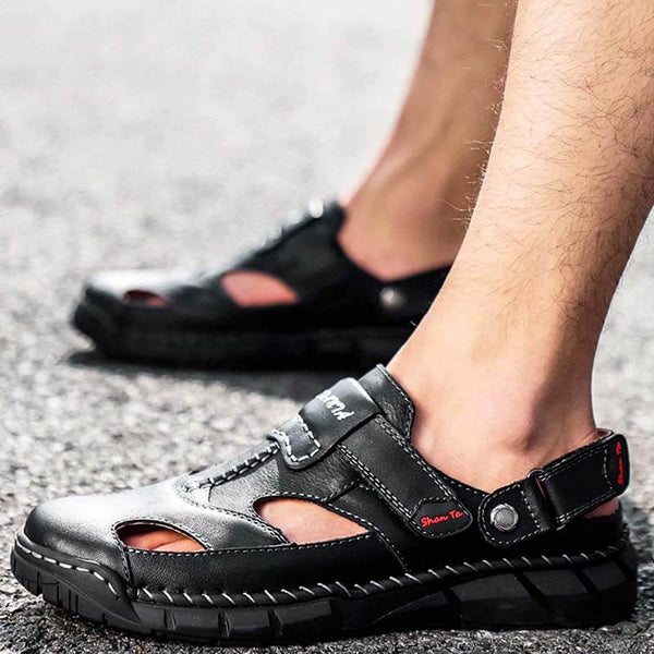Kaegreel Men's Genuine Leather Non Slip Hand Stitching Soft Sole Casual Sandals