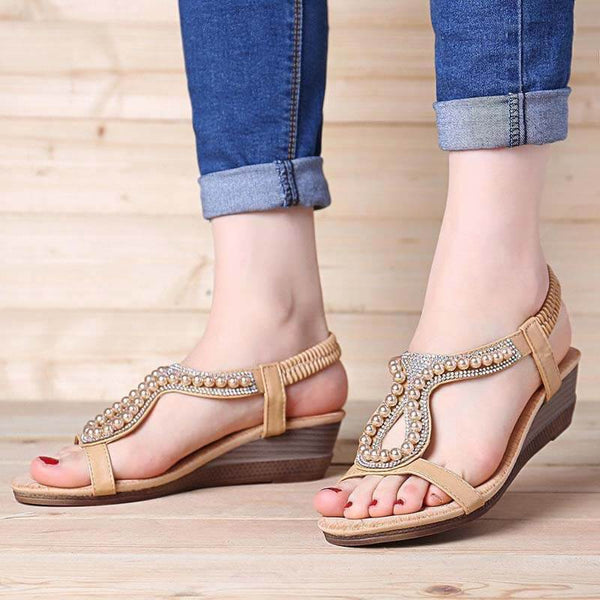 Mujeres Pearl Rhinestone Elastic Wedges Sandalias