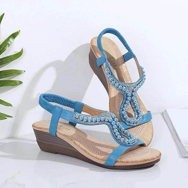 Mujeres Pearl Rhinestone Elastic Wedges Sandalias