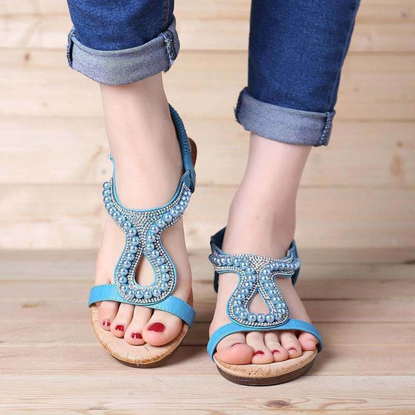Mujeres Pearl Rhinestone Elastic Wedges Sandalias