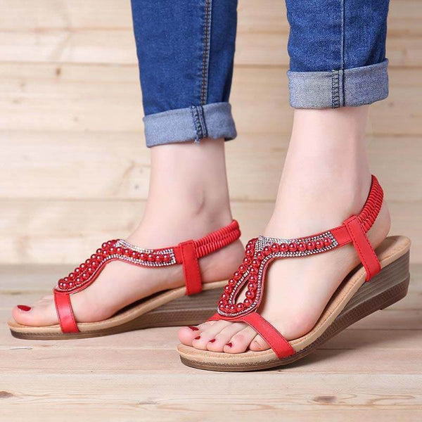 Mujeres Pearl Rhinestone Elastic Wedges Sandalias