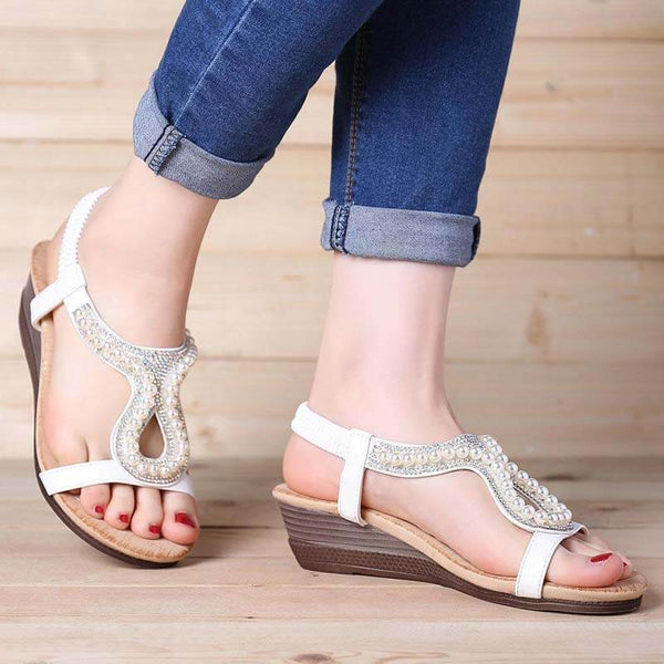 Mujeres Pearl Rhinestone Elastic Wedges Sandalias