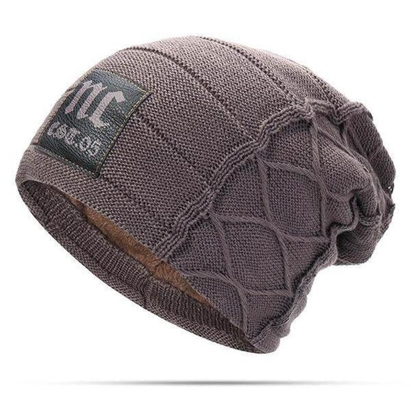 Men's Winter Plus Velvet Warm Knitted Hat Casual NC Letter Solid Skullies Beanie Hat