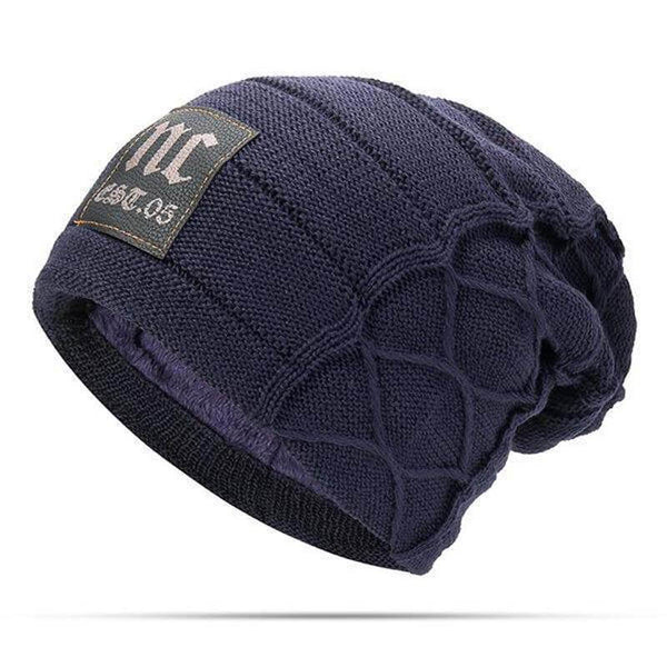 Men's Winter Plus Velvet Warm Knitted Hat Casual NC Letter Solid Skullies Beanie Hat