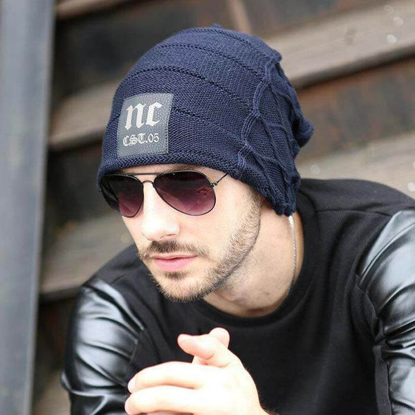 Men's Winter Plus Velvet Warm Knitted Hat Casual NC Letter Solid Skullies Beanie Hat