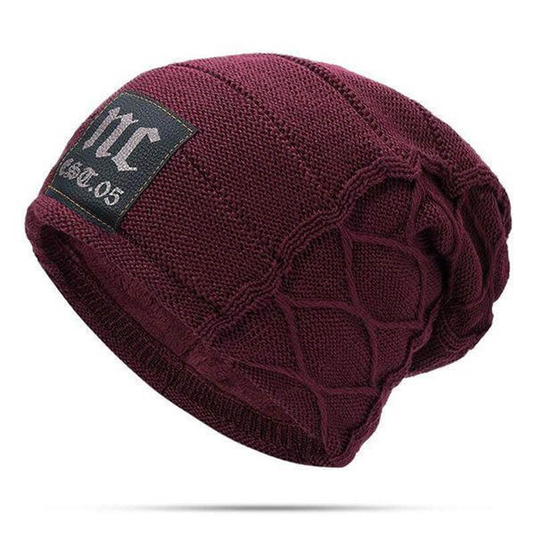 Men's Winter Plus Velvet Warm Knitted Hat Casual NC Letter Solid Skullies Beanie Hat