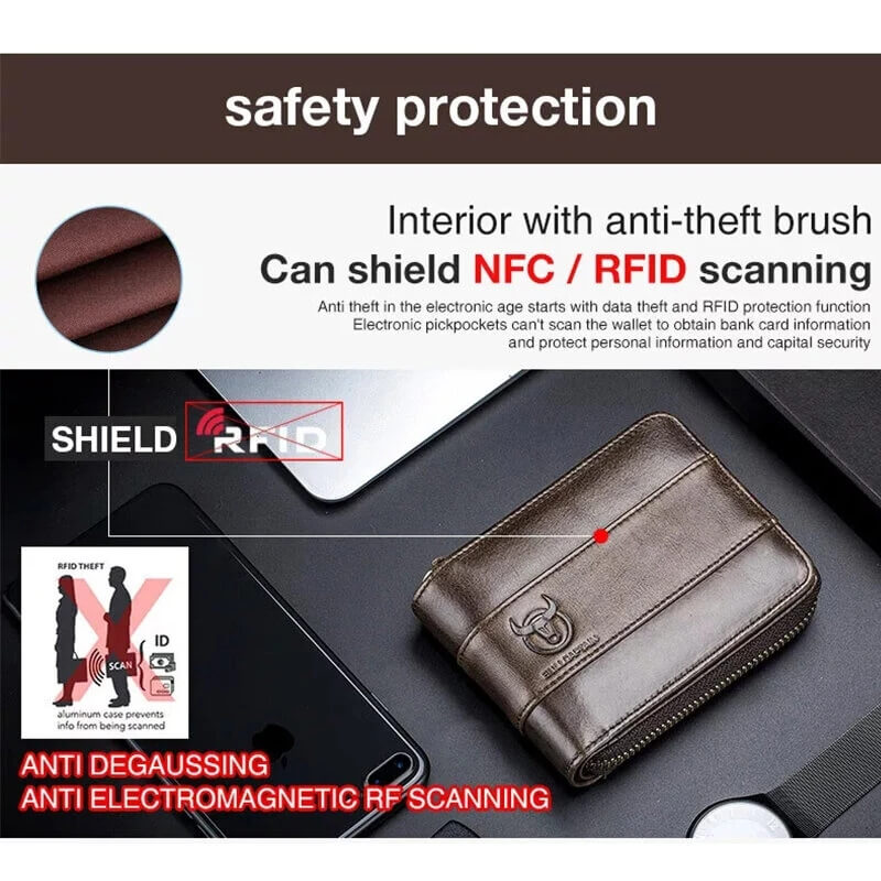 Genuine Leather Zipper Men Wallets Multi Card Slot ID Card Mini Holder Bags Bussiness Casual Coin Purse