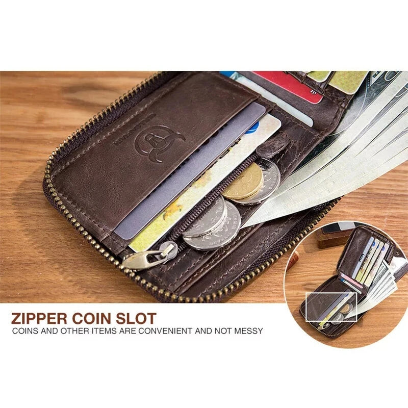 Genuine Leather Zipper Men Wallets Multi Card Slot ID Card Mini Holder Bags Bussiness Casual Coin Purse