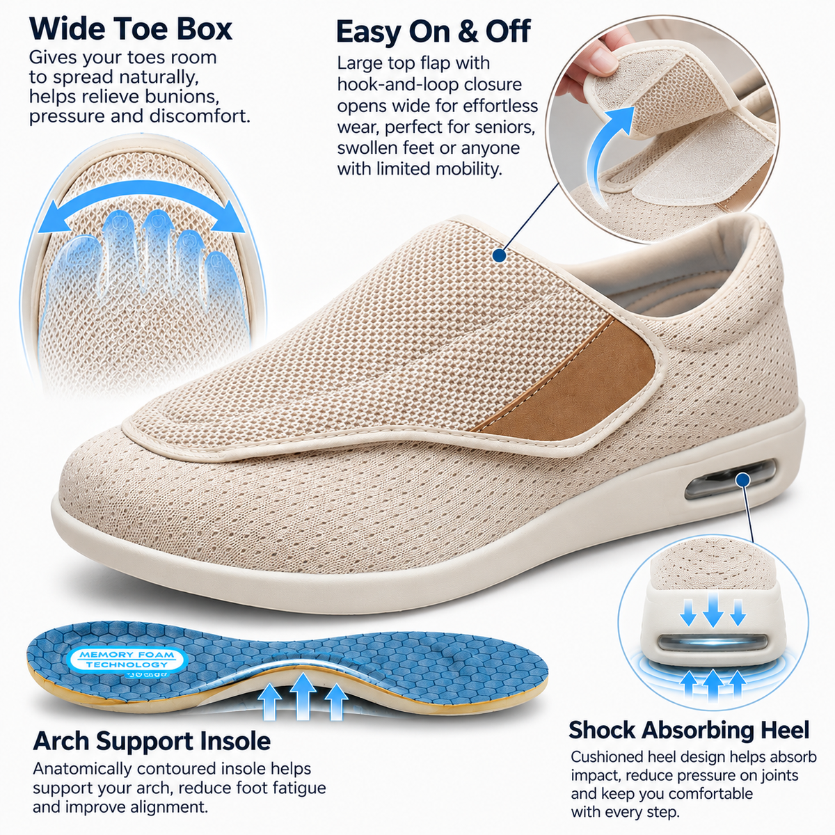 KAEGREEL FlexEase Pro – Wide Fit Arch Support Adjustable Walking Shoes