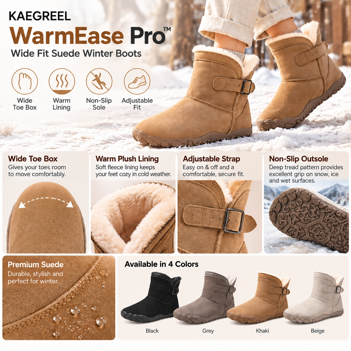 KAEGREEL WarmEase Pro™ – Wide Fit Suede Easy-On Winter Boots