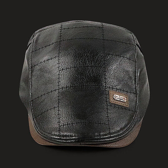Mens Adjustable Leather Flat Cap Stitch Newsboy Cap Driving Fishing Cabbie Hat