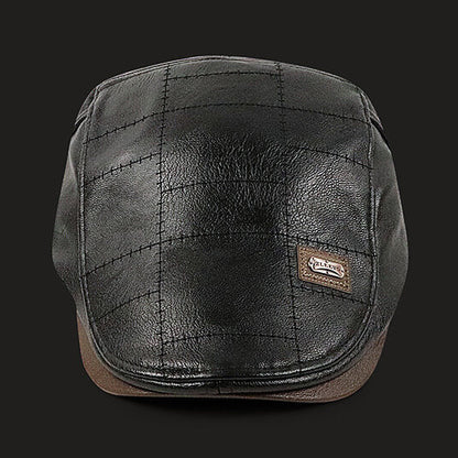 Mens Adjustable Leather Flat Cap Stitch Newsboy Cap Driving Fishing Cabbie Hat