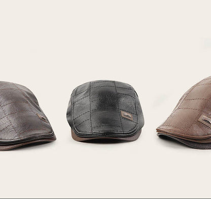 Mens Adjustable Leather Flat Cap Stitch Newsboy Cap Driving Fishing Cabbie Hat